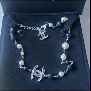 CHANEL CC Logo Pearl Black Bead Necklace Crystal Pendant Silver Hardware 2013 S
